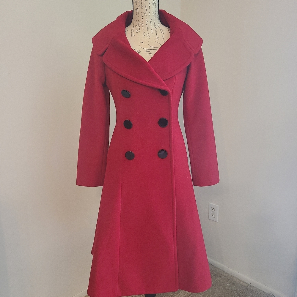 Red Wool Bebe Knee Length Double Breasted Coat, XS